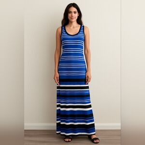 Spense Sleeveless Striped Maxi Dress Blue Black White Knit Jersey L Large
